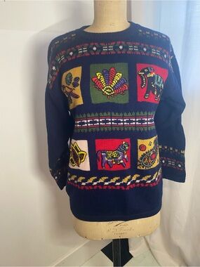 Vintage Women’s M Wool Sweater Embroidered Folk Art Animals Navy